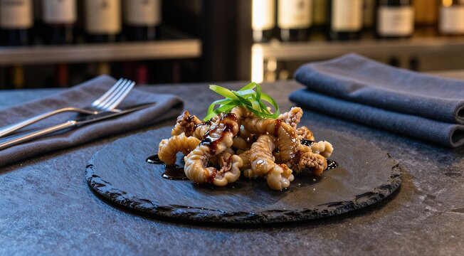 Gourmet fried intestines served on a black stone plate with sauce and green onions in a restaurant setting with wine bottles and napkins