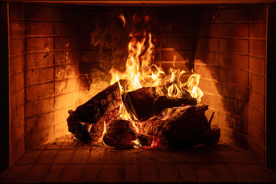 Fireplace burning wood logs. Cozy warm home in winter, Christmas time bonfire. Fire flames