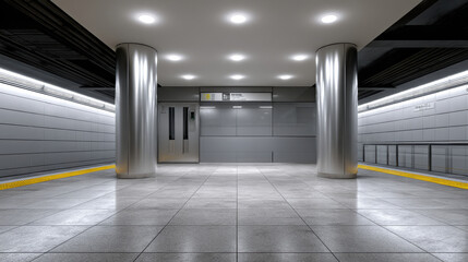 Obraz premium Empty subway station platform, modern architecture, stainless steel columns, bright lighting, clean, urban, quiet atmosphere