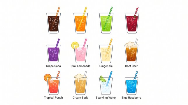 Soft drink glass icon set featuring carbonated beverages, refreshing refreshments, drinking straw, minimalist vector illustration style.