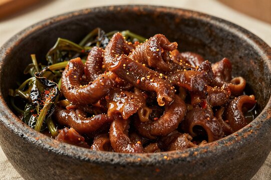 Stir fried hags in a traditional stone bowl on a table