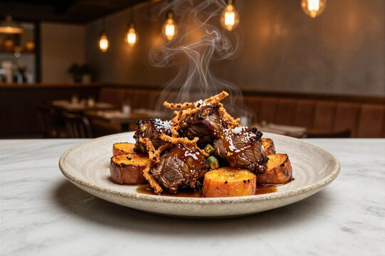 Steaming gourmet dish with tender beef chunks and roasted sweet potato slices served on a ceramic plate in a warm restaurant interior