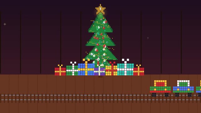 Pixel art toy train with gift cars chugging past a decorated Christmas tree and a pile of wrapped presents, retro holiday loop