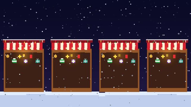 Row of pixel art Christmas market stalls with striped awnings, twinkling string lights and warm lamps in the snowy night