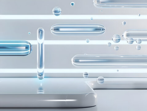 Abstract background of clear glass containers with blue liquid droplets and horizontal grid lines, sterile laboratory, 3d render