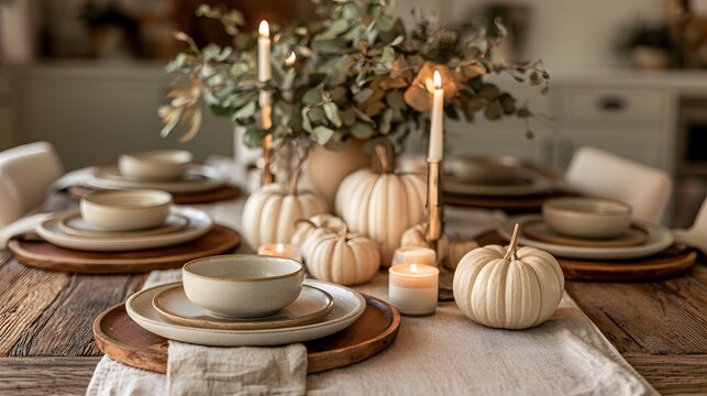 Elegant fall dining table centerpiece with white pumpkins, candles, and greenery on rustic wood table