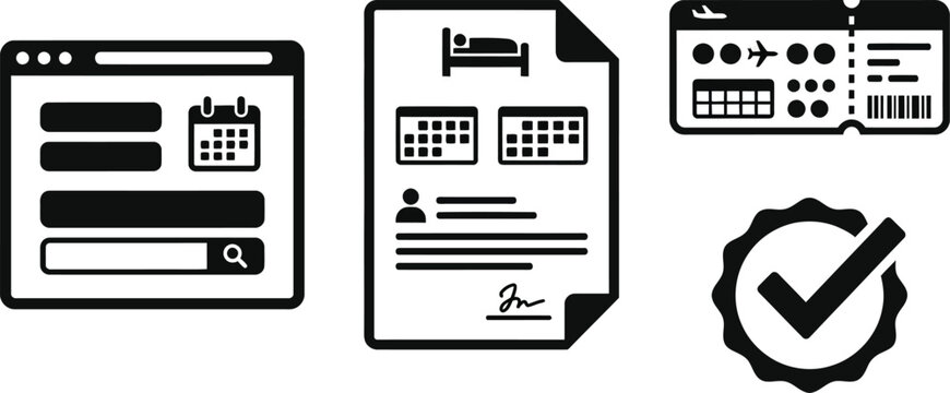 Set of travel and booking icons including a search interface, hotel reservation document, airline ticket, and a confirmation checkmark