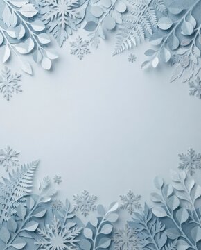 Soft blue winter holiday background with delicate paper cut leaves and snowflakes. Elegant Christmas frame.