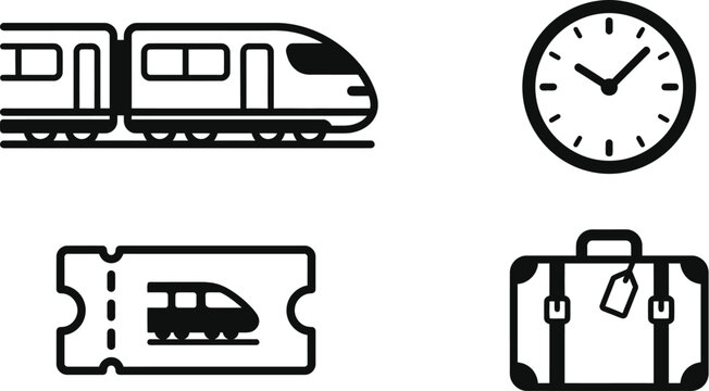 Set of four black icons representing travel and transportation including a train, a clock, a ticket, and a suitcase