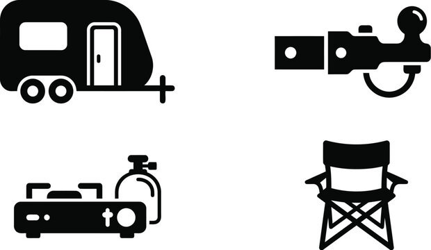Set of four black icons representing camping and caravanning equipment