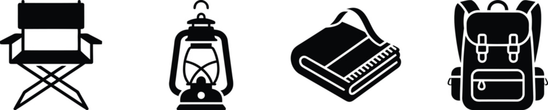 Set of camping equipment icons including a folding chair, lantern, blanket, and backpack
