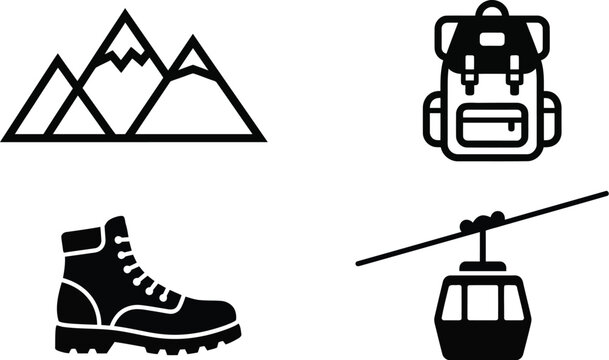 Set of four black icons related to hiking and mountain tourism