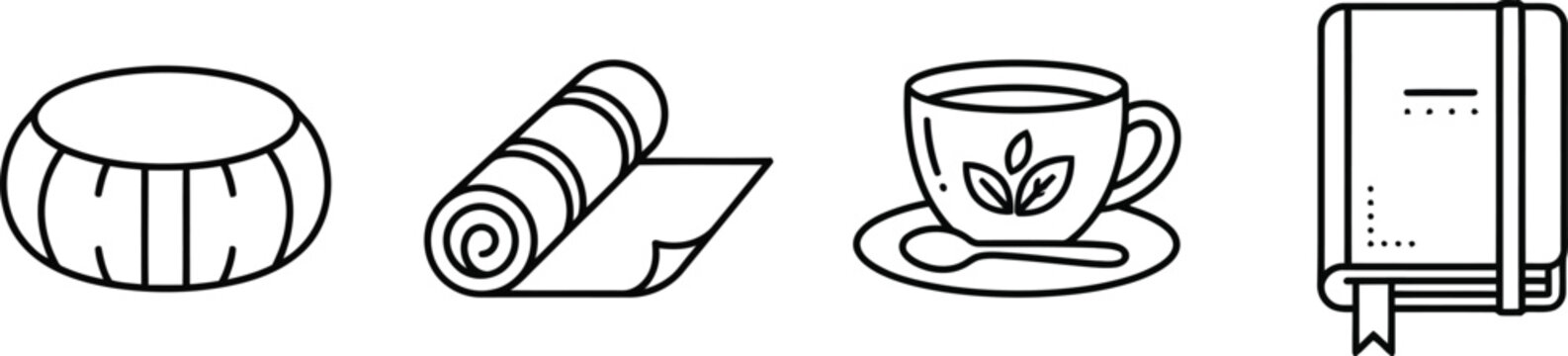 Set of four simple line icons representing meditation and relaxation items