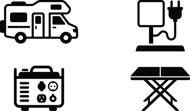 Set of four icons representing camping and outdoor equipment including a motorhome, electrical hookup, portable generator, and folding table