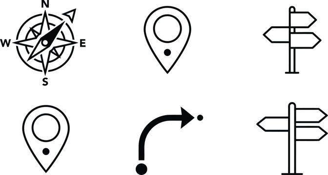 Set of navigation and location icons including compass, map pins, direction signs and curved arrow