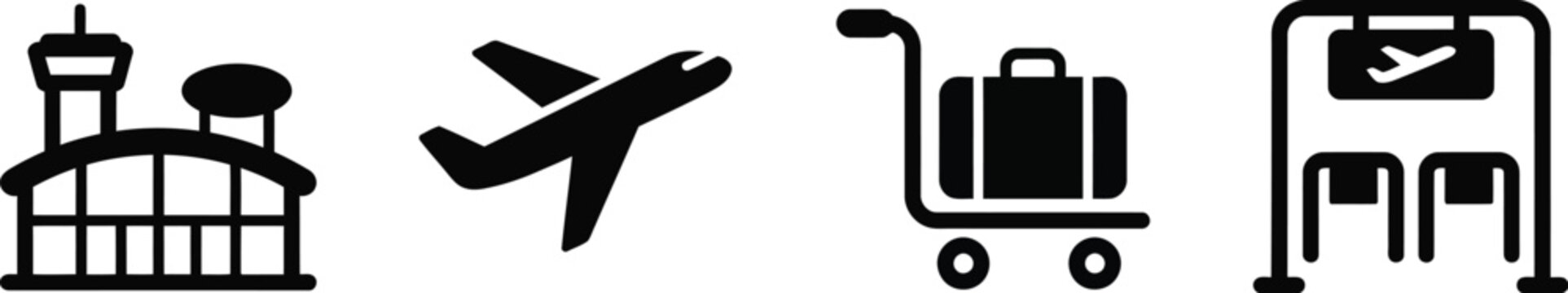 Set of four black airport and travel icons including a terminal, airplane, luggage cart, and boarding gate