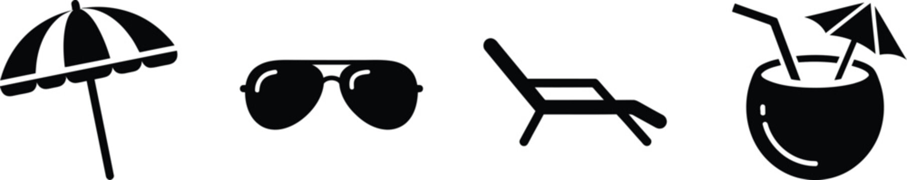 Summer vacation icons set including beach umbrella, sunglasses, lounge chair and tropical cocktail