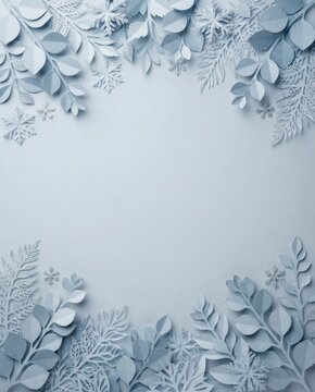 Soft blue winter holiday background with delicate paper cut leaves and snowflakes. Elegant Christmas frame.