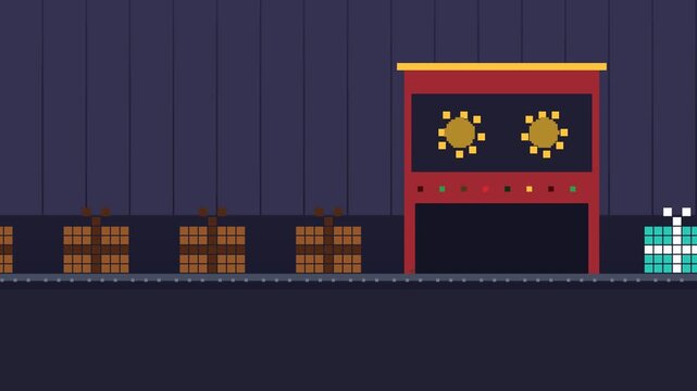Pixel art toy workshop conveyor belt carrying plain boxes into a wrapping machine that sends out colorful gifts