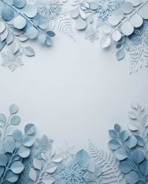 Light blue winter background with delicate paper cut leaves and snowflakes, empty copy space.