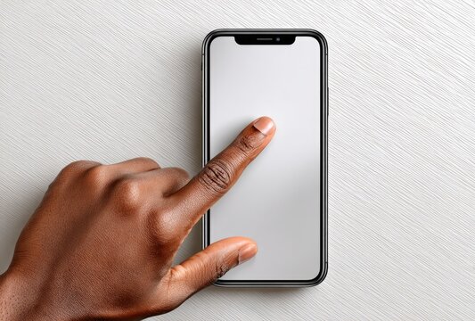Hand touching a blank smartphone screen