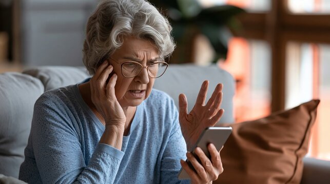 Confused senior woman looking at her smartphone while sitting on a comfortable living room sofa