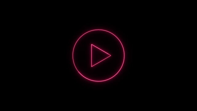 A neon play button animates with a pulsating red glow against a black background