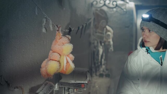 Woman in parka inspects frozen toy, headlamp illuminating frostcoated corridor, stuffed teddy encased in rime, gloved hand reaching for sample, abandoned house converted into makeshift lab, scientific