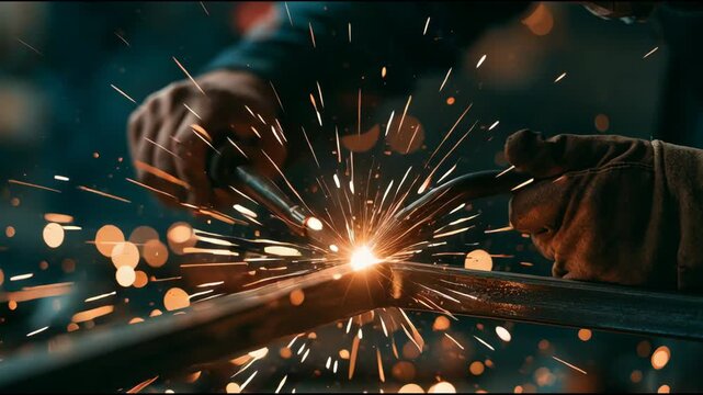 A person welds metal parts, creating bright sparks in a workshop. The hands work steadily, with a focus on the materials.