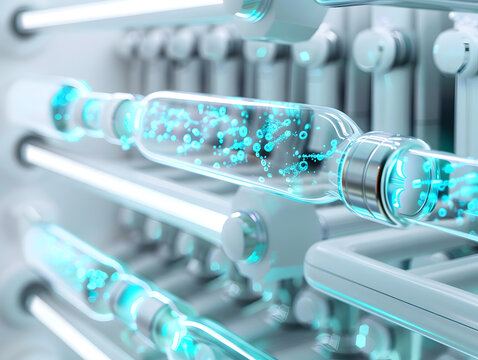 Diagonal view of advanced glass cylinders with blue glowing fluids and micro circuitry, biotechnology lab asset, 3d illustration