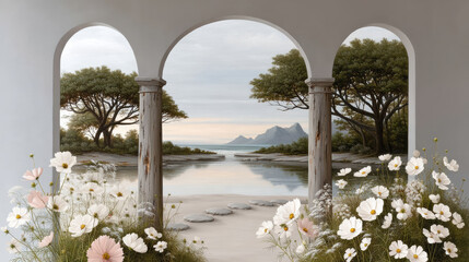 Obraz premium Serene garden with white flowers, stone path, arched columns, tranquil lake, distant mountains, soft sunrise