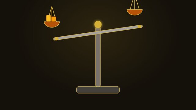 Golden balance scale tipping to equilibrium justice on dark background