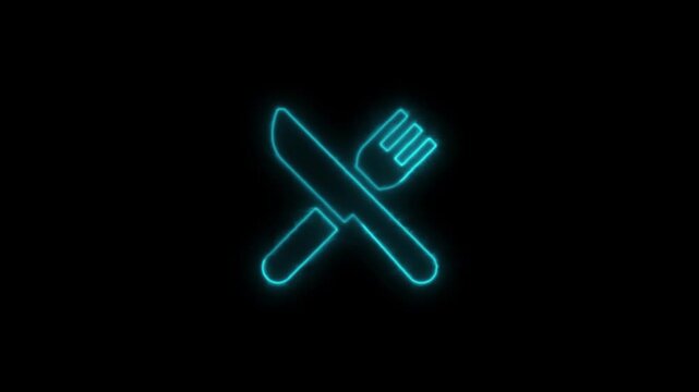 Neon-lit cutlery, a fork and knife, cross each other in a repeating animation against a black backdrop