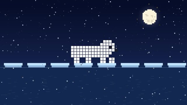 Pixel art polar bear walking across floating ice floes on dark arctic water under the moon with falling snow