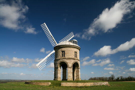 Chesterton Windmill historic stone tower mill against a blue sky in Warwickshire