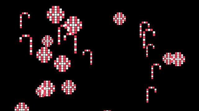 Pixel art candy canes and spinning peppermint sweets falling on black background, retro holiday candy overlay