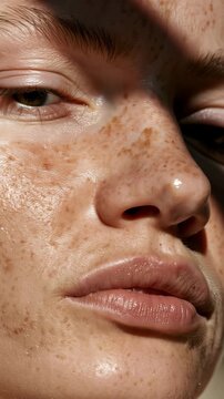 Extreme close up of woman with natural freckles and glowing skin in dramatic sunlight and shadow, detailed beauty portrait highlighting skin texture