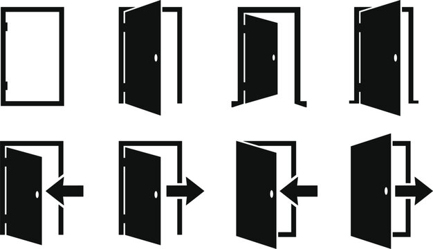 Door vector icons set showing open closed enter and exit states with arrows for emergency escape route signage design