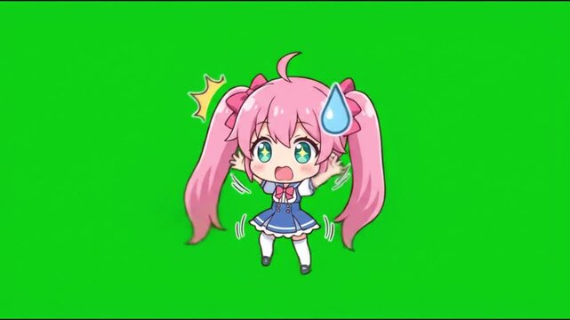 Cute Chibi Anime Girl Panicking with Sweat Drop Expression Green Screen Motion Graphic Loop.