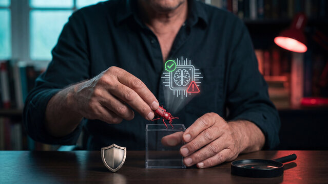 AI bug detection and malware quarantine concept, man placing red beetle into clear box with AI chip hologram, metal shield and magnifier for software debugging and threat isolation