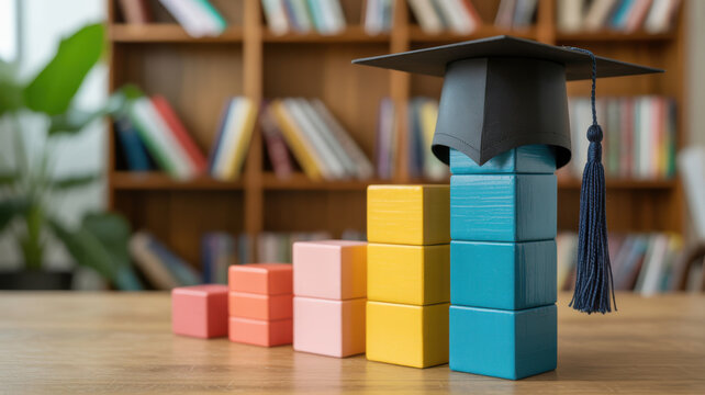 Graduation cap on colorful blocks stacked like a graph for the education success concept