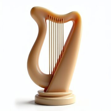 Handcarved sandstone lyre harp on white background, lightcolored frame, unique musical instrument, decorative design