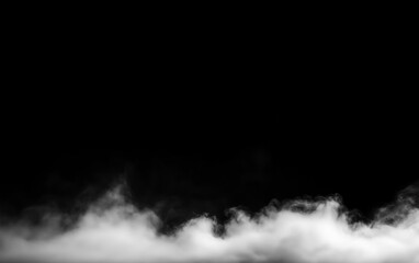 Obraz premium White smoke or fog rolling along the bottom on a black background, ground fog effect, overlay