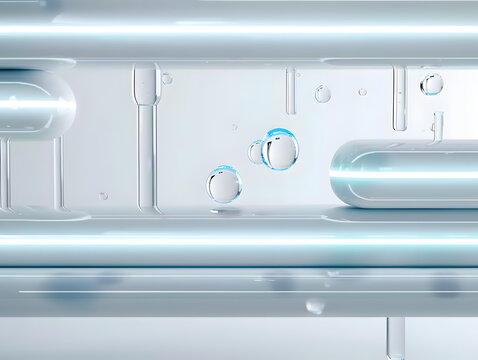 Abstract futuristic background with soft fluid motion blur and clean white architectural shapes, minimalist copy space, 3d render