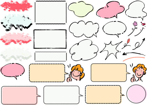 POP広告の手描き風の吹き出しとフレームと矢印のイラスト素材セット