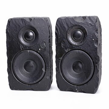 Pair of black basalt music speakers with stone chiseling, modern audio design featuring natural rock texture on white background