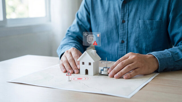 AI earthquake early warning and seismic risk monitoring concept, man with house model on fault line map, epicenter target and seismograph with alert hologram for disaster safety