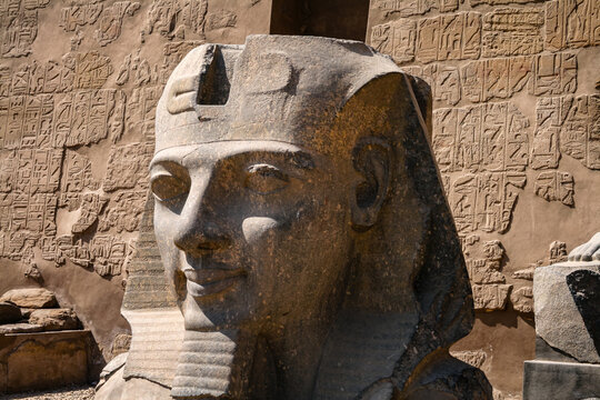 Massive stone head carving of a pharaoh at Luxor Temple in Luxor Egypt