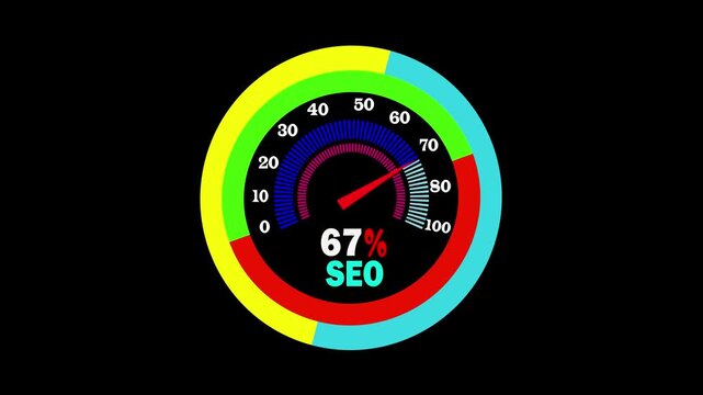 Seo performance gauge animation: digital marketing analytics dashboard meter search engine optimization