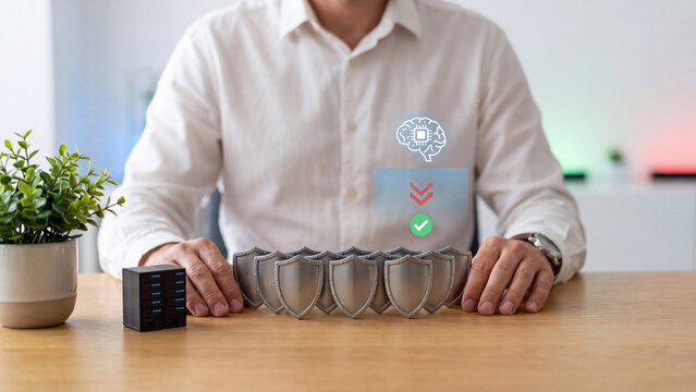 AI layered cybersecurity defense concept, man with wall of metal shields near server model and AI brain hologram filtering threat arrows for DDoS mitigation and data protection